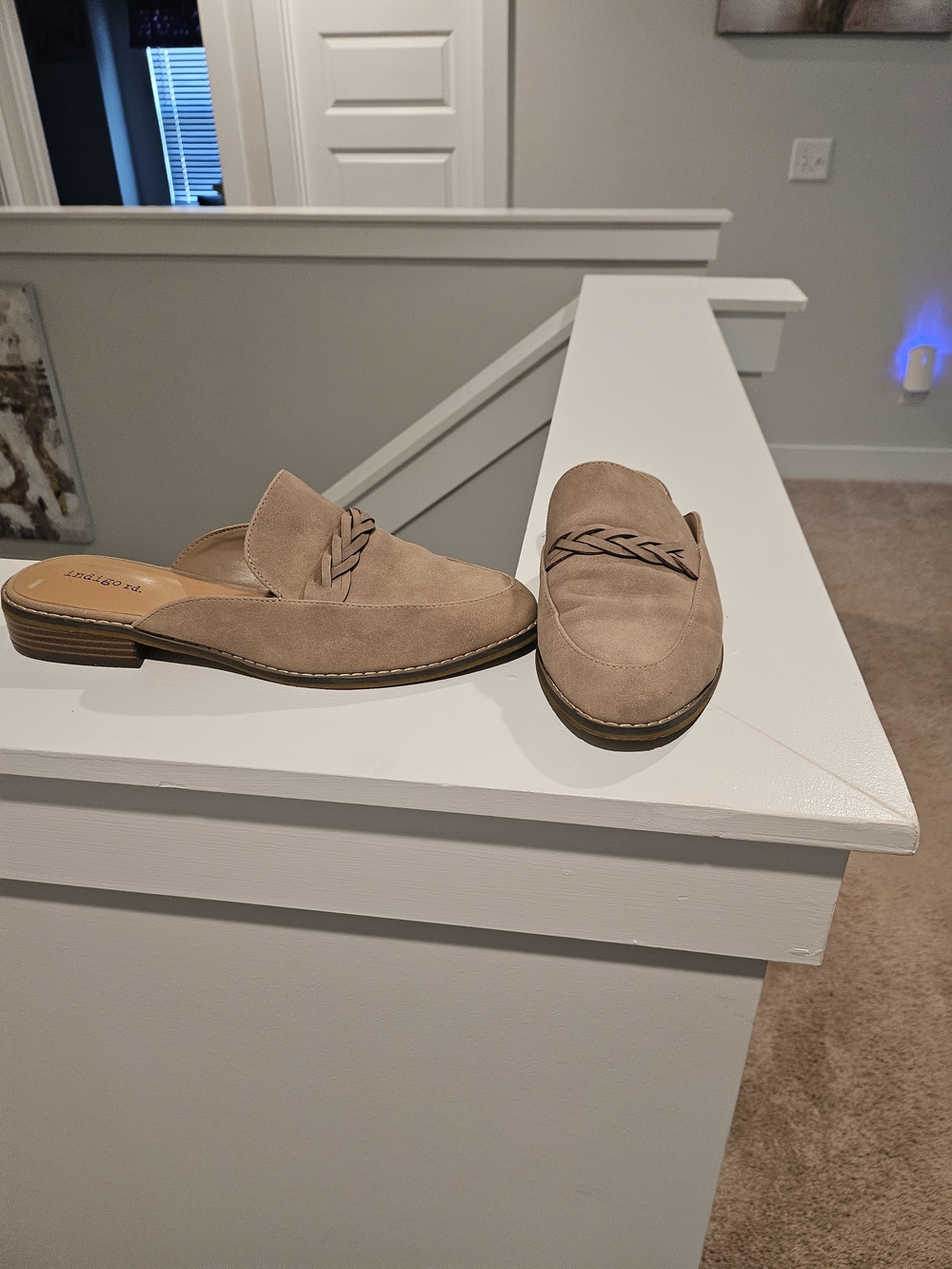 Indigo Women's Taupe Suede Braided Mule Loafers